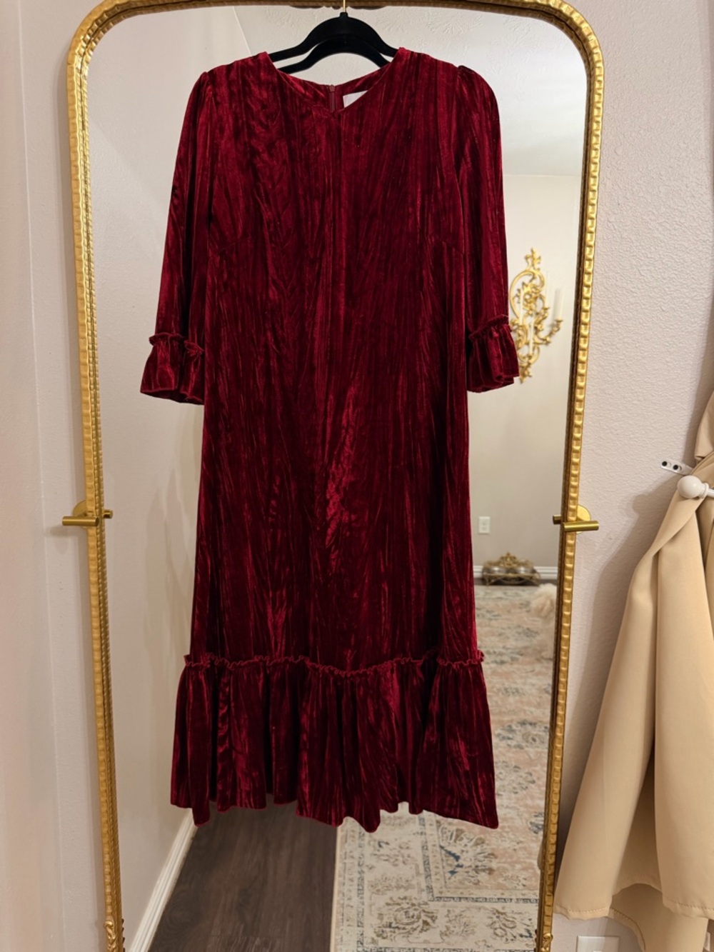 Dainty Jewells Burgundy Velvet Ruffle-Hem Midi Dress